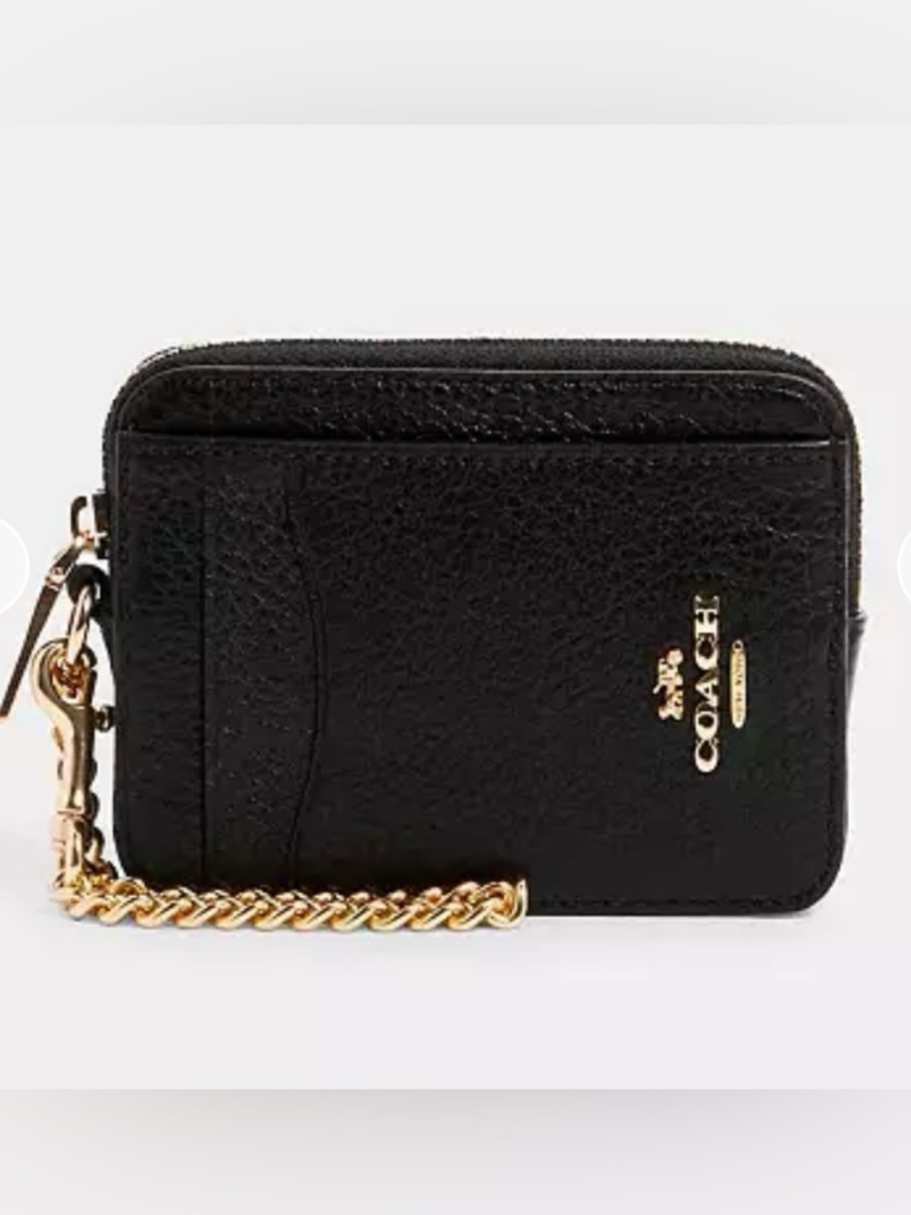 NWOT Coach zip card case Black Pebbled Leather Card Case with Gold Chain